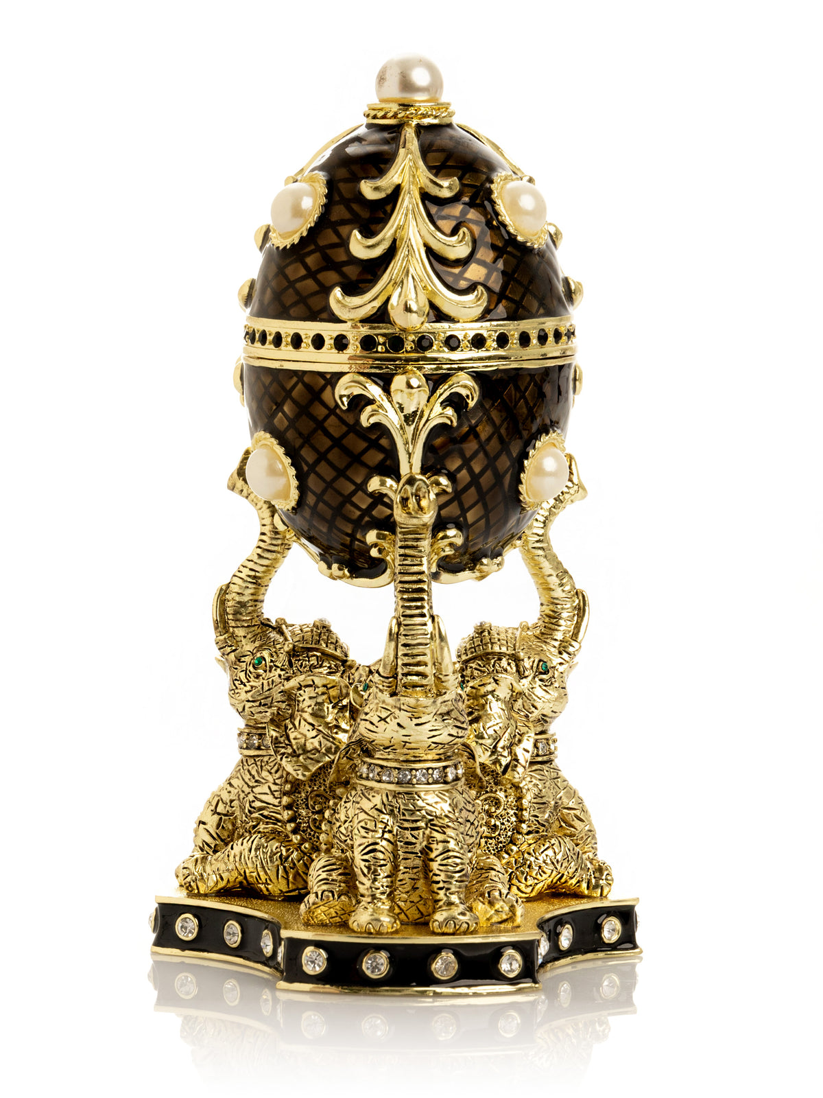 Keren Kopal Regal Brown and Gold Enamel Egg with Elephant Pedestal