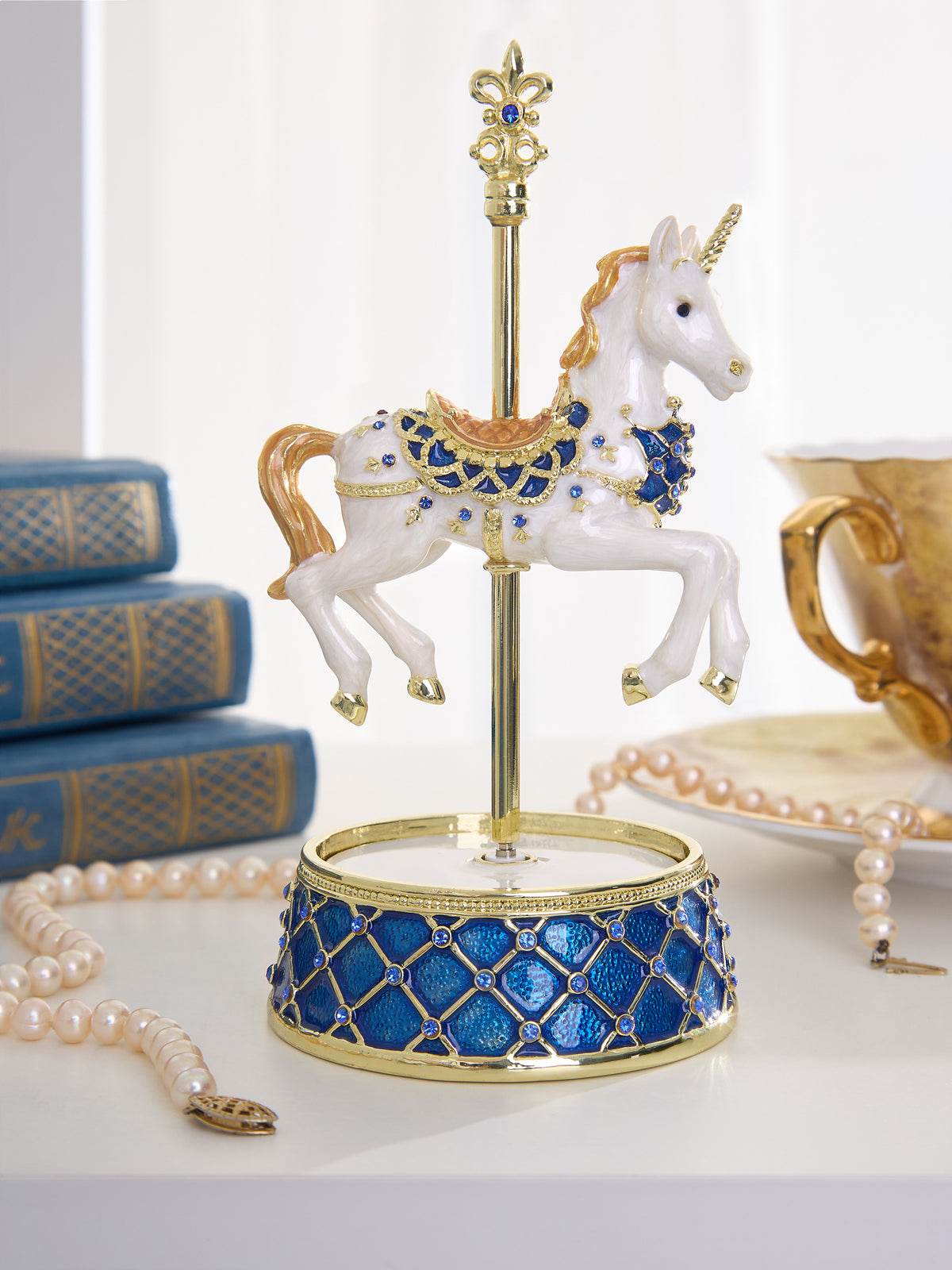 White Unicorn Carousel Horse Music Box