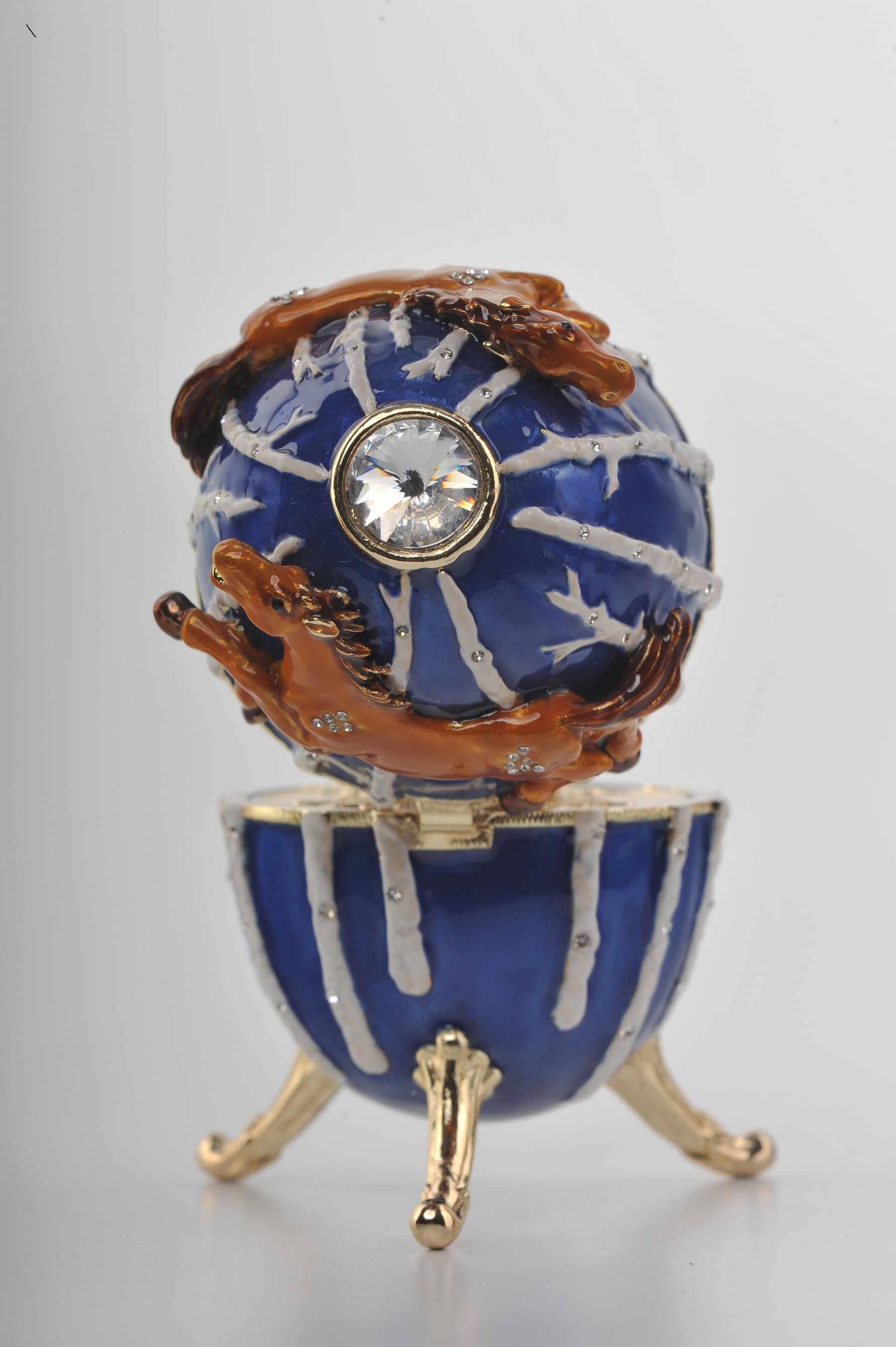 Keren Kopal Blue Faberge Egg Trinket Box with Brown Horses