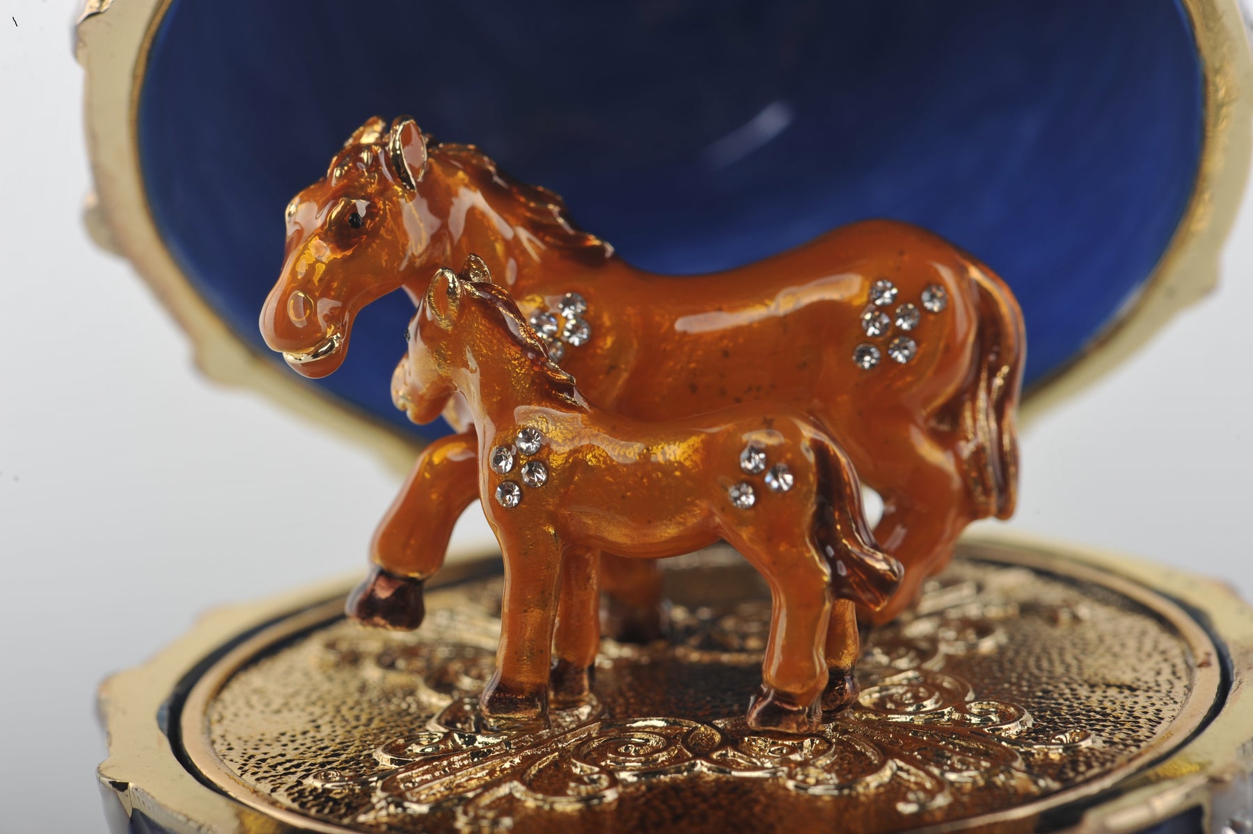 Keren Kopal Blue Faberge Egg Trinket Box with Brown Horses