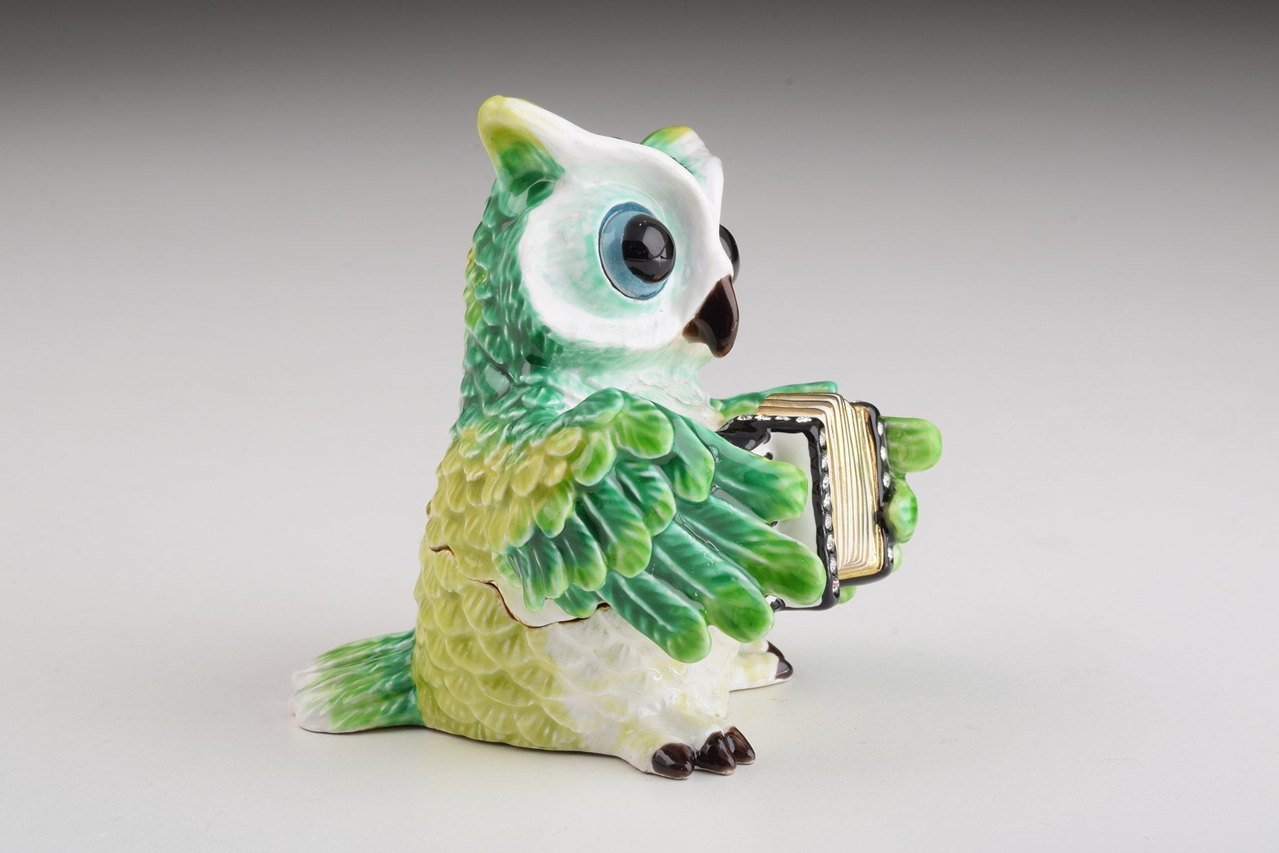 Keren Kopal Green Owl Playing Accordion Trinket Box