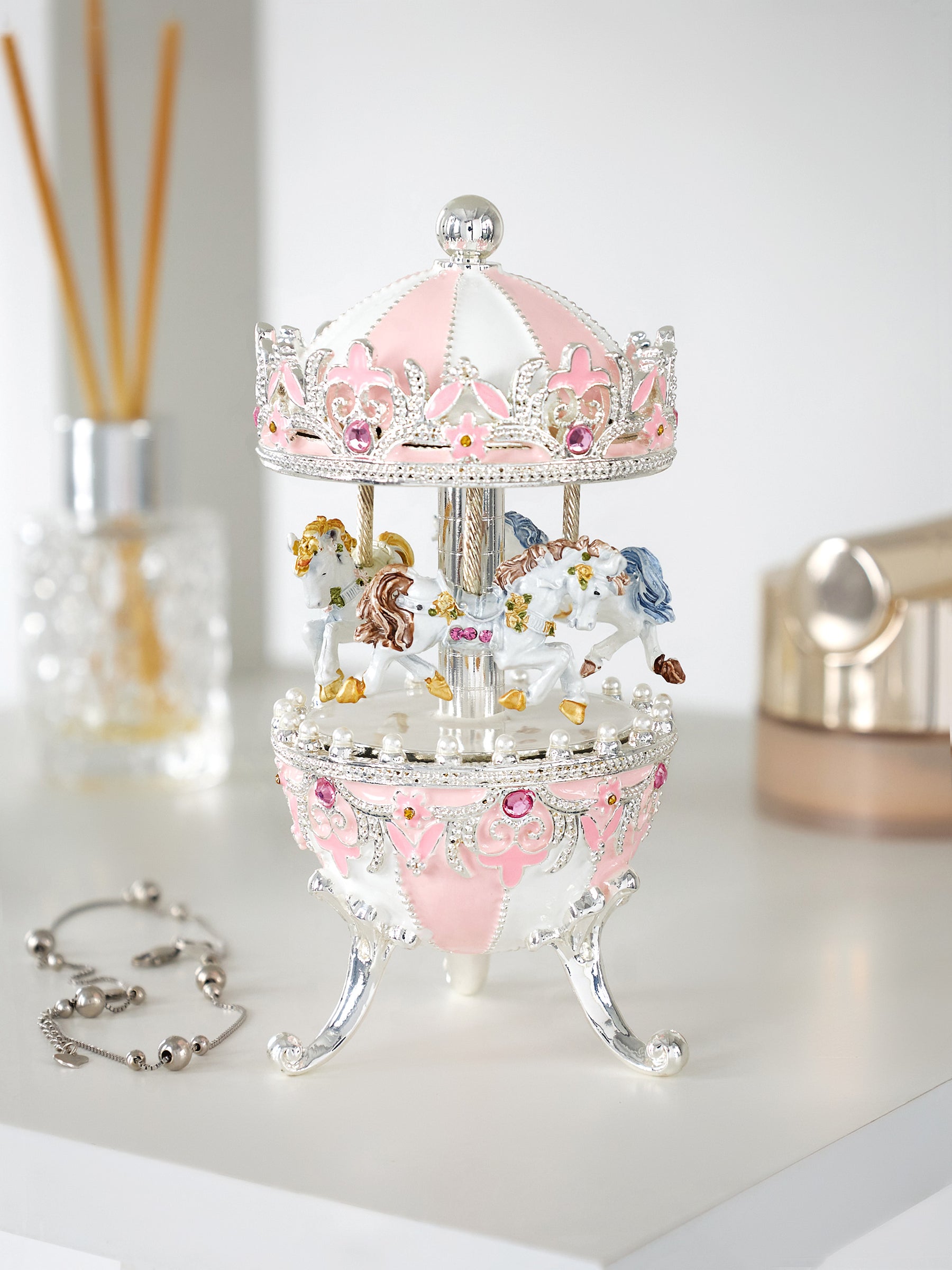 Pink Faberge Egg with Wind up Horse Carousel