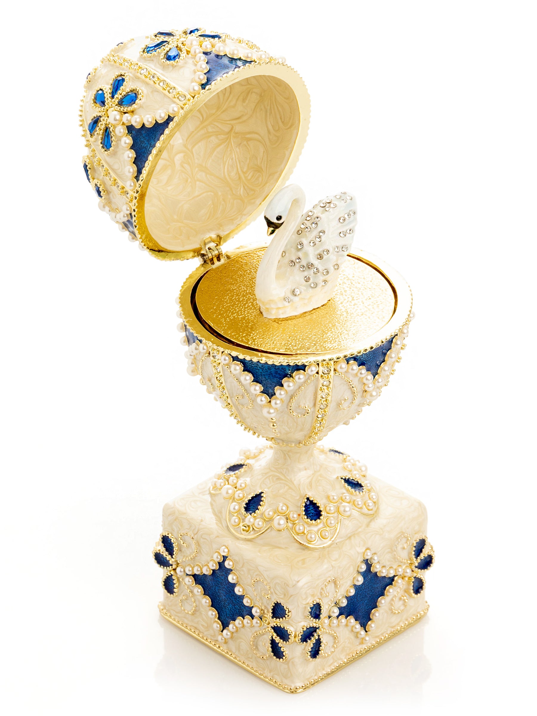 Keren Kopal Pearl Beige Faberge Egg with Swan Hidden compartment