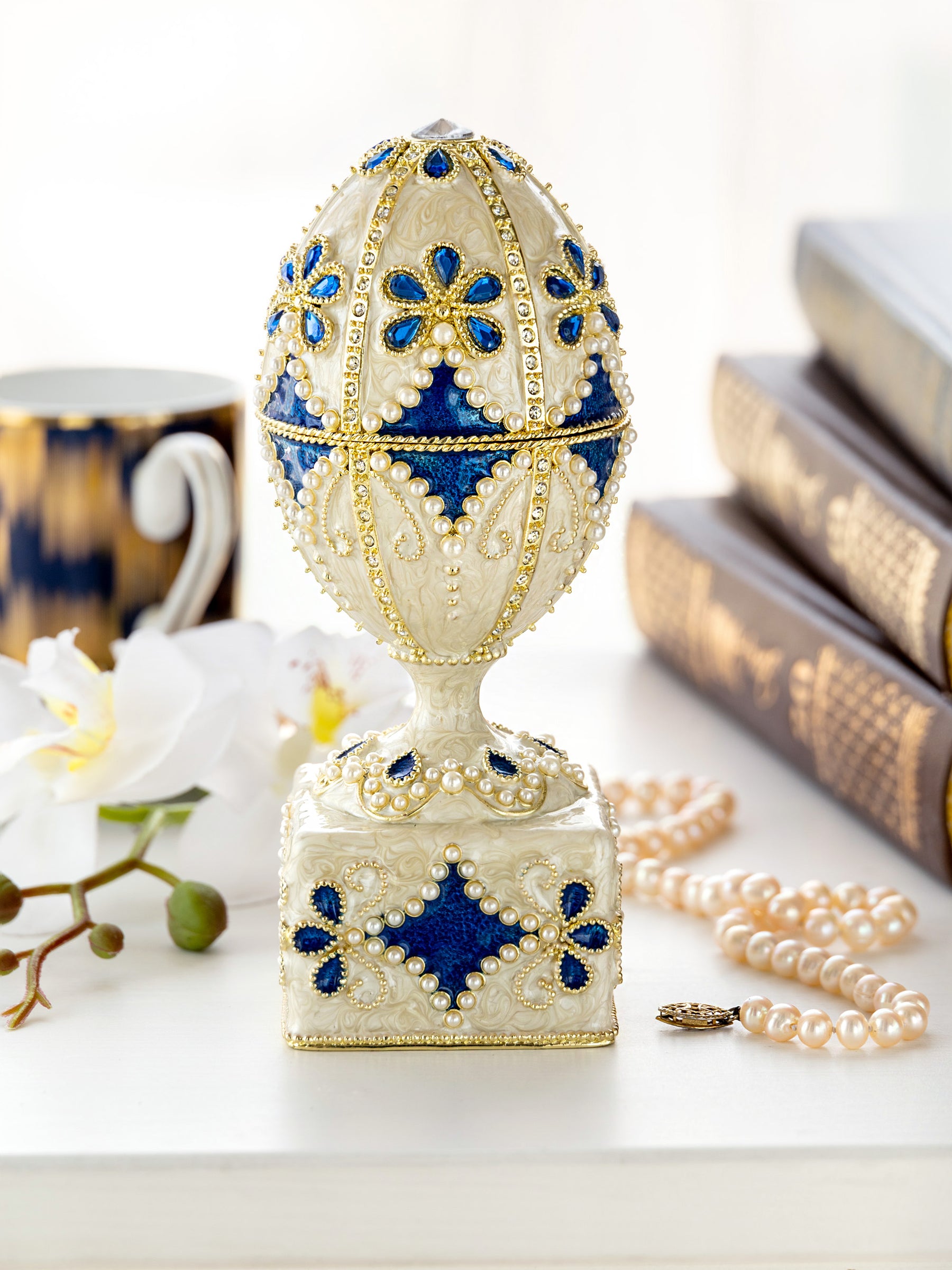 Keren Kopal Pearl Beige Faberge Egg with Swan Hidden compartment