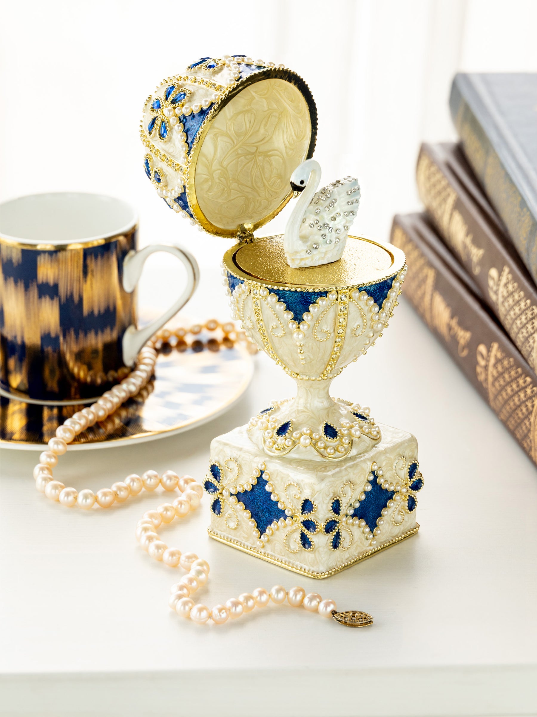 Keren Kopal Pearl Beige Faberge Egg with Swan Hidden compartment