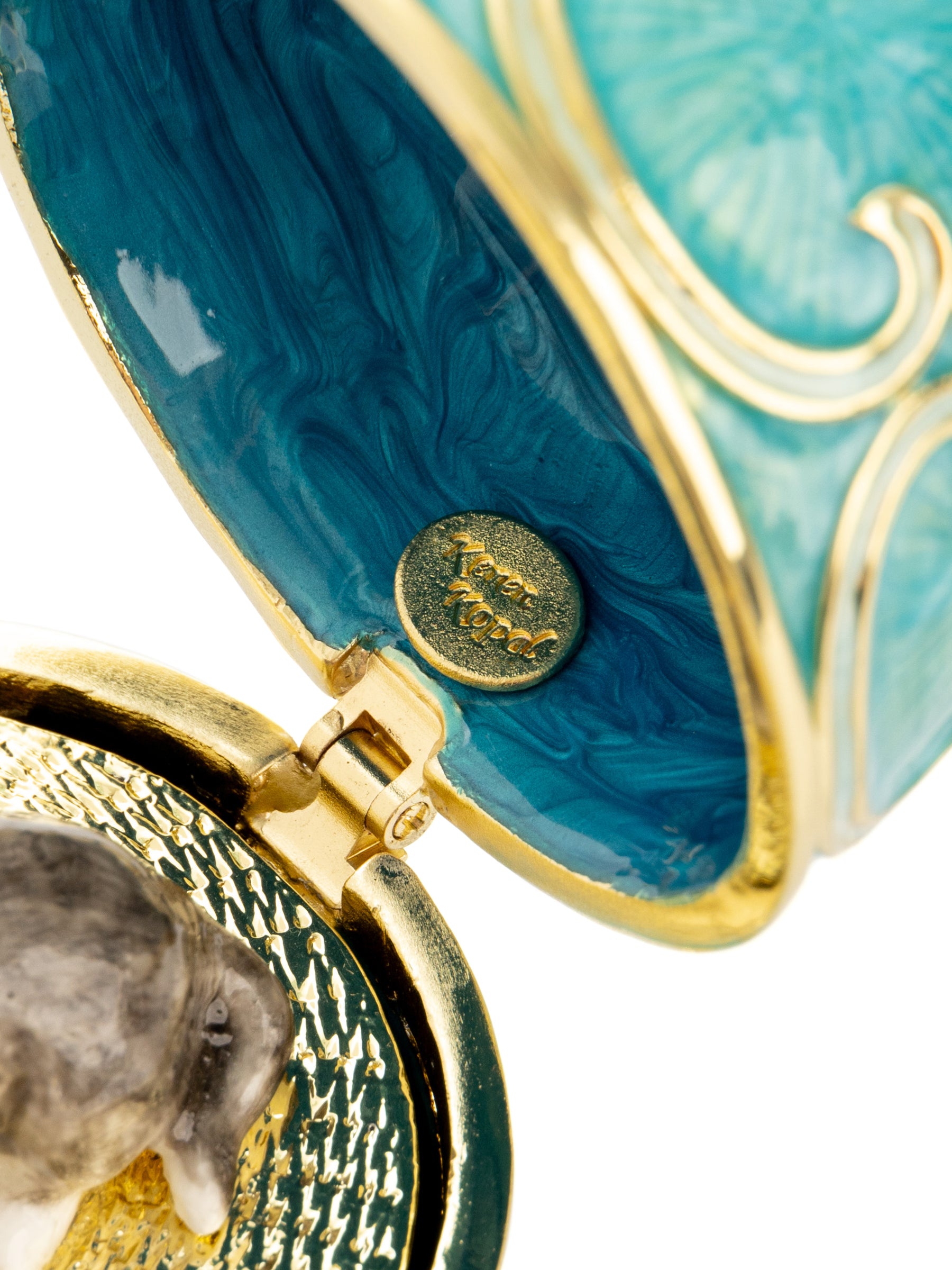 Keren Kopal Turquoise Easter Egg with Cat Hidden compartment