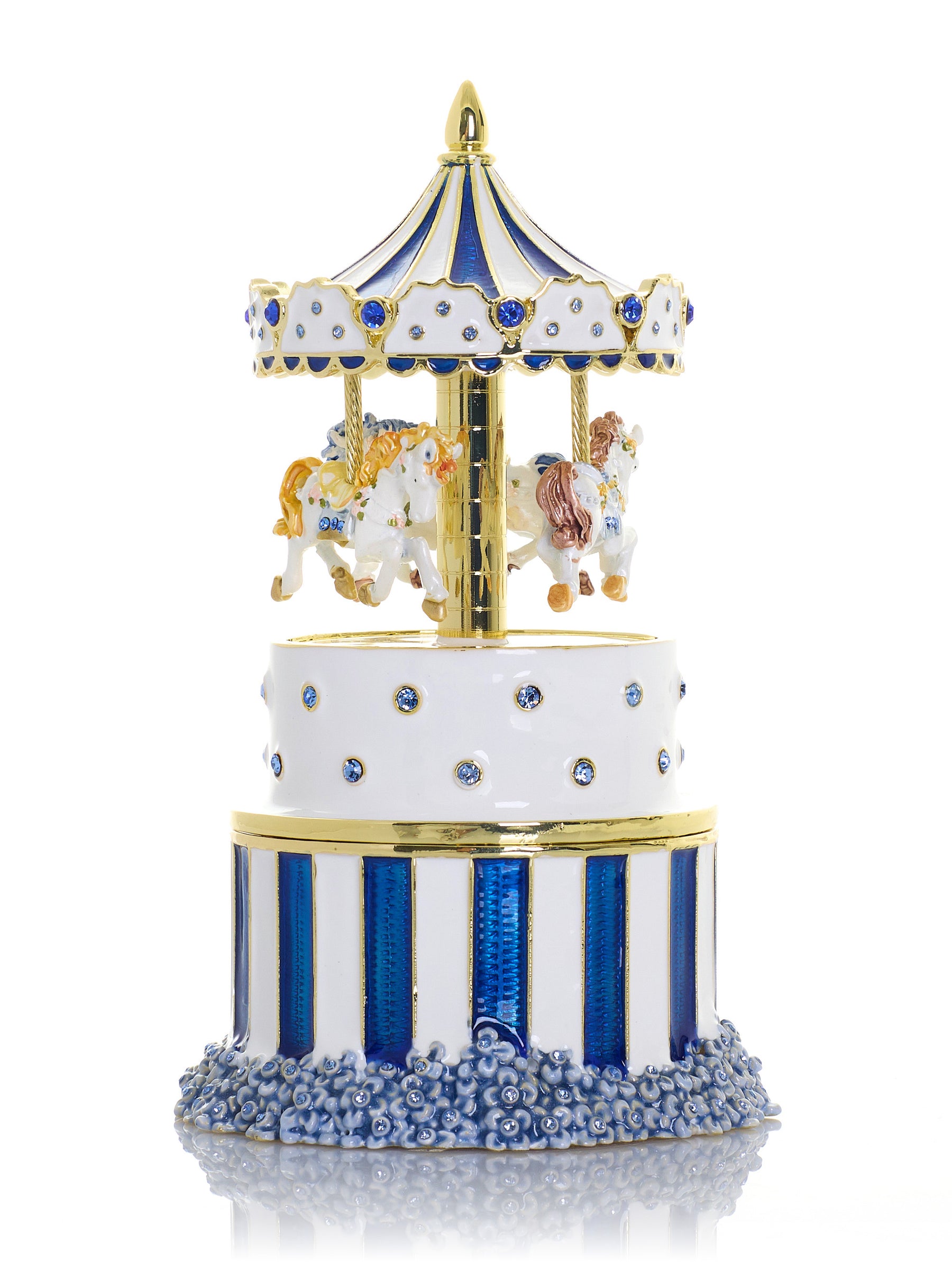 Blaues Faberge-Ei mit Pferdekarussell zum Aufziehen