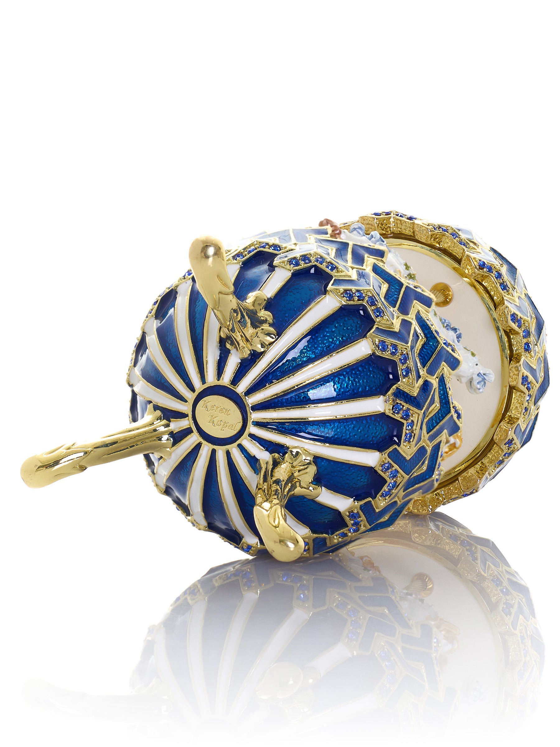 Blaues Faberge-Ei mit Pferdekarussell zum Aufziehen