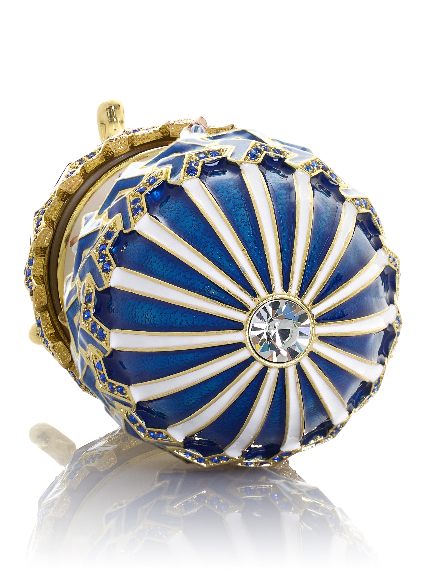 Blaues Faberge-Ei mit Pferdekarussell zum Aufziehen