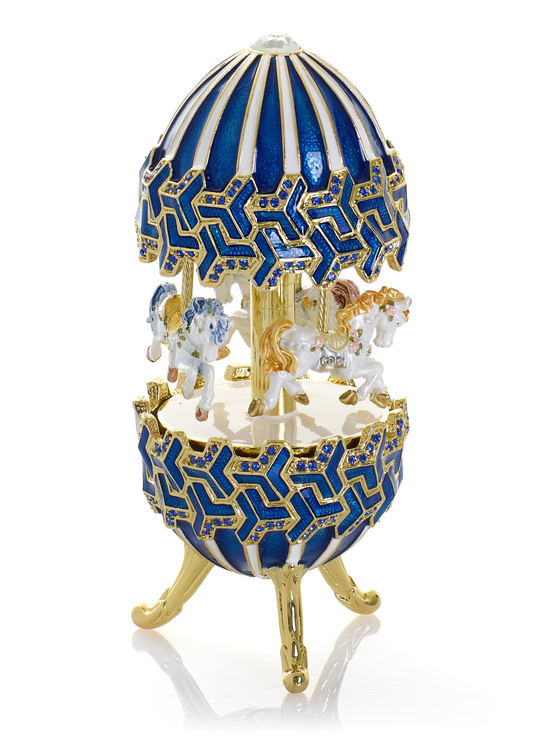 Blaues Faberge-Ei mit Pferdekarussell zum Aufziehen