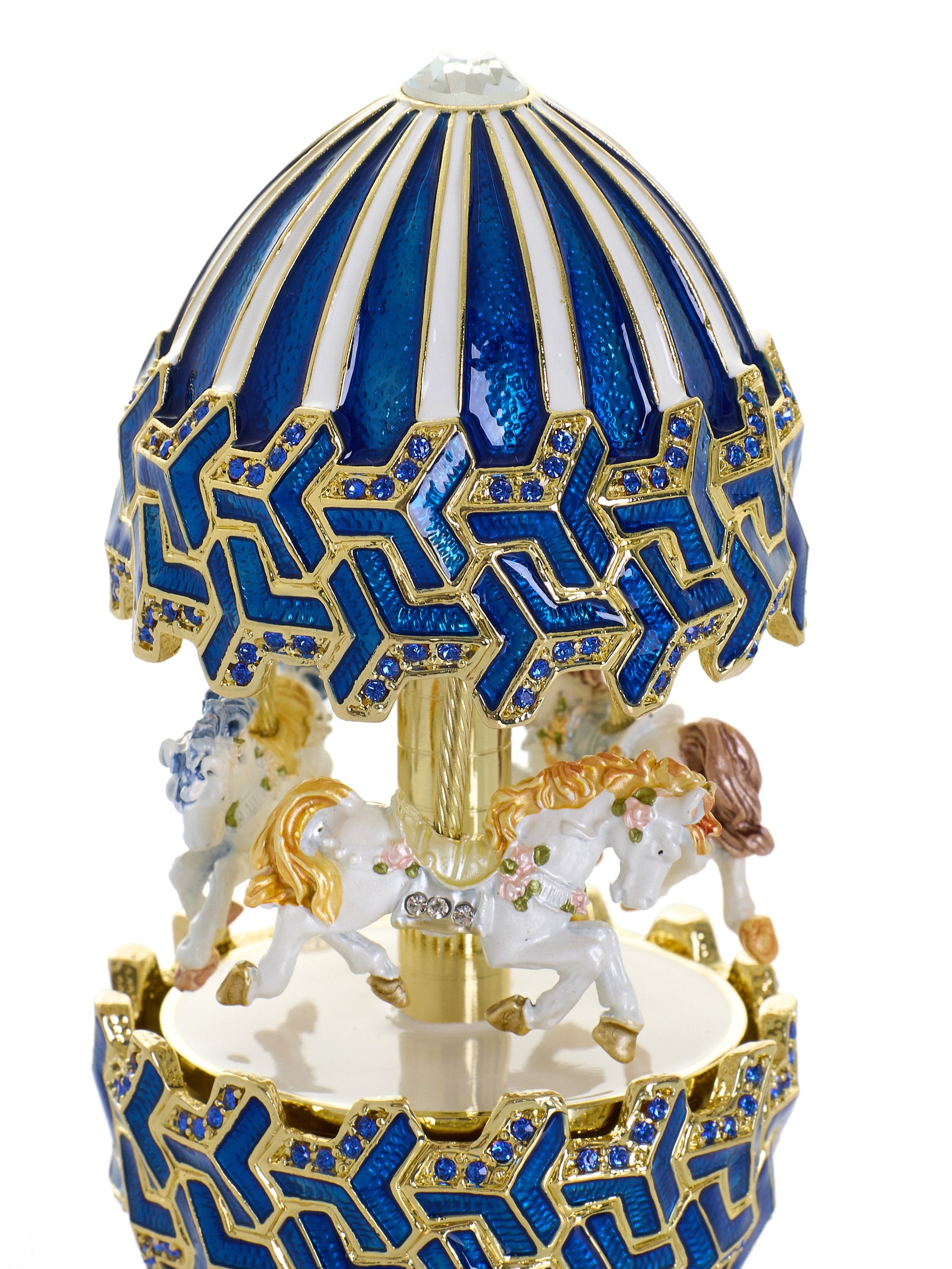Blaues Faberge-Ei mit Pferdekarussell zum Aufziehen