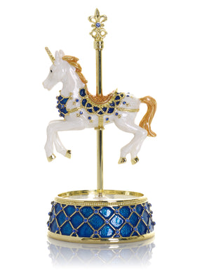 White Unicorn Carousel Horse Music Box