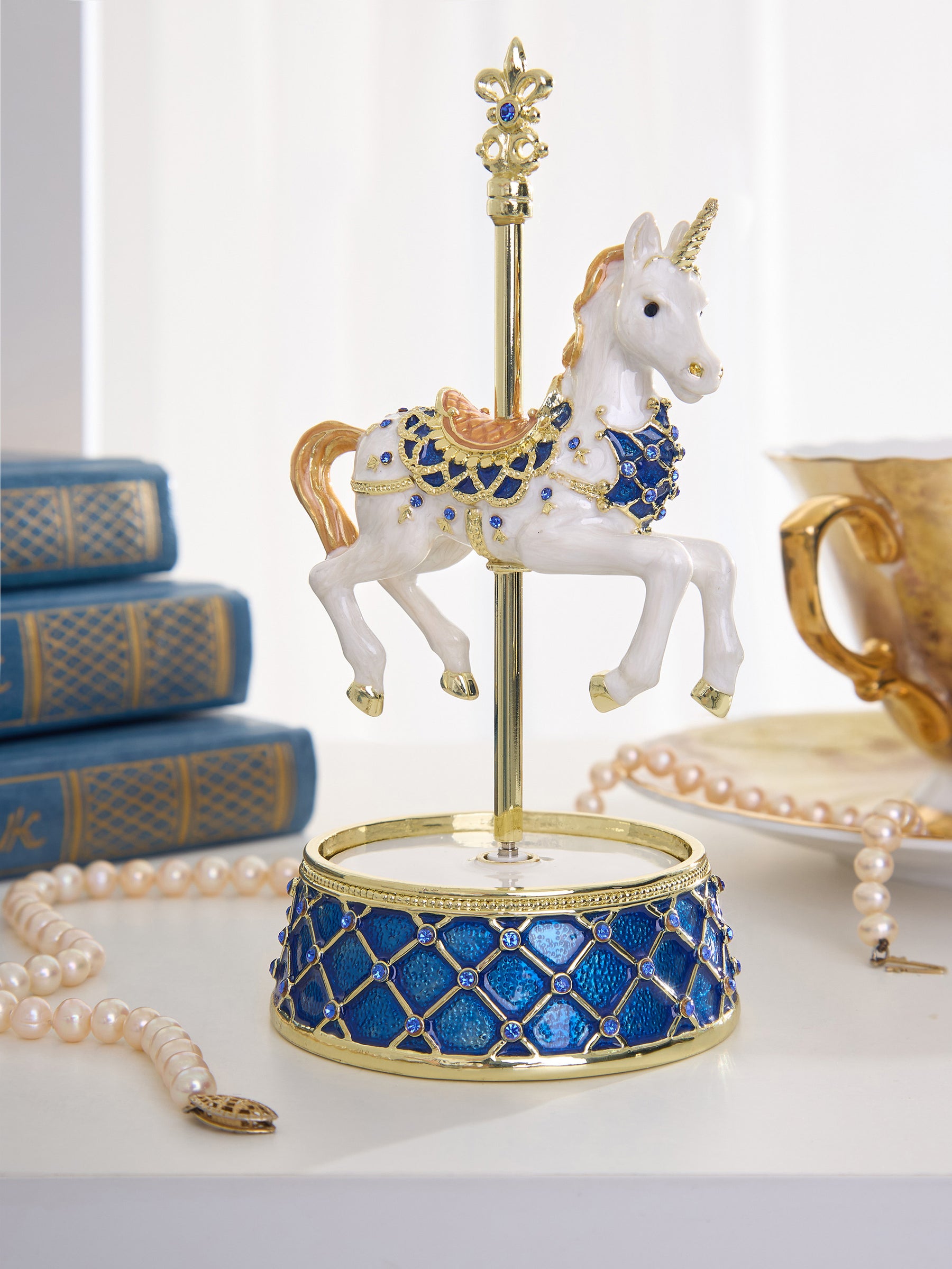 White Unicorn Carousel Horse Music Box