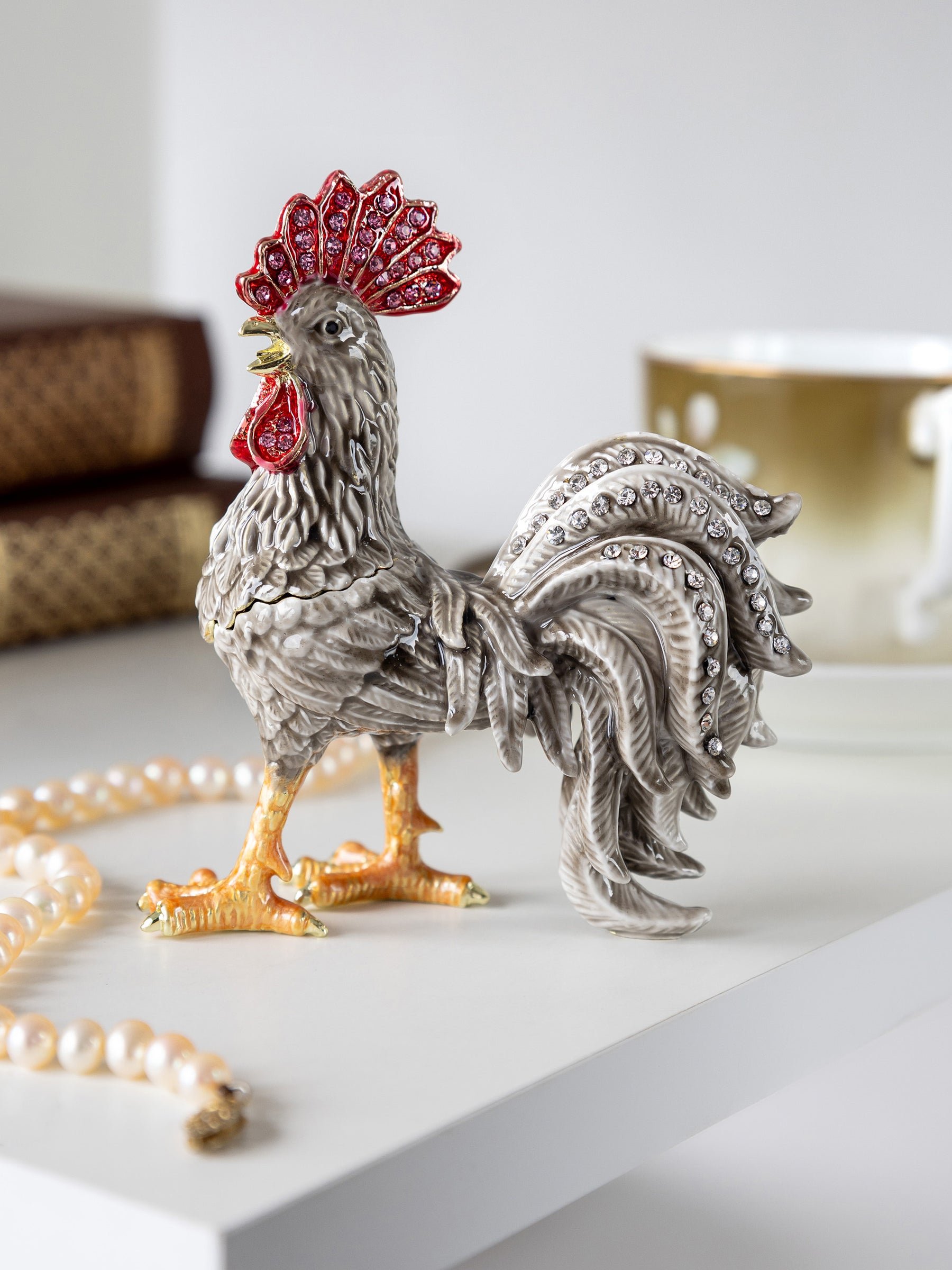 Gray Rooster Jewelry Trinket Box