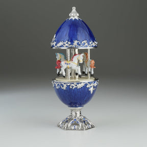 Keren Kopal Blue Faberge Egg Carousel with White Royal Horses