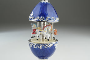 Keren Kopal Blue Faberge Egg Carousel with White Royal Horses